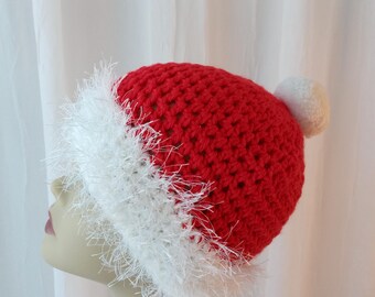 UNIQUE small Santa Hat Beanie in Red White Anti Pill Acrylic/ reiki knit