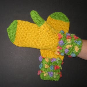 Sunny Day: Hand Knit Color Block ART Mittens in WOOL MOHAIR Green Yellow / Thoughtful Gift / Wearable Fiber Art