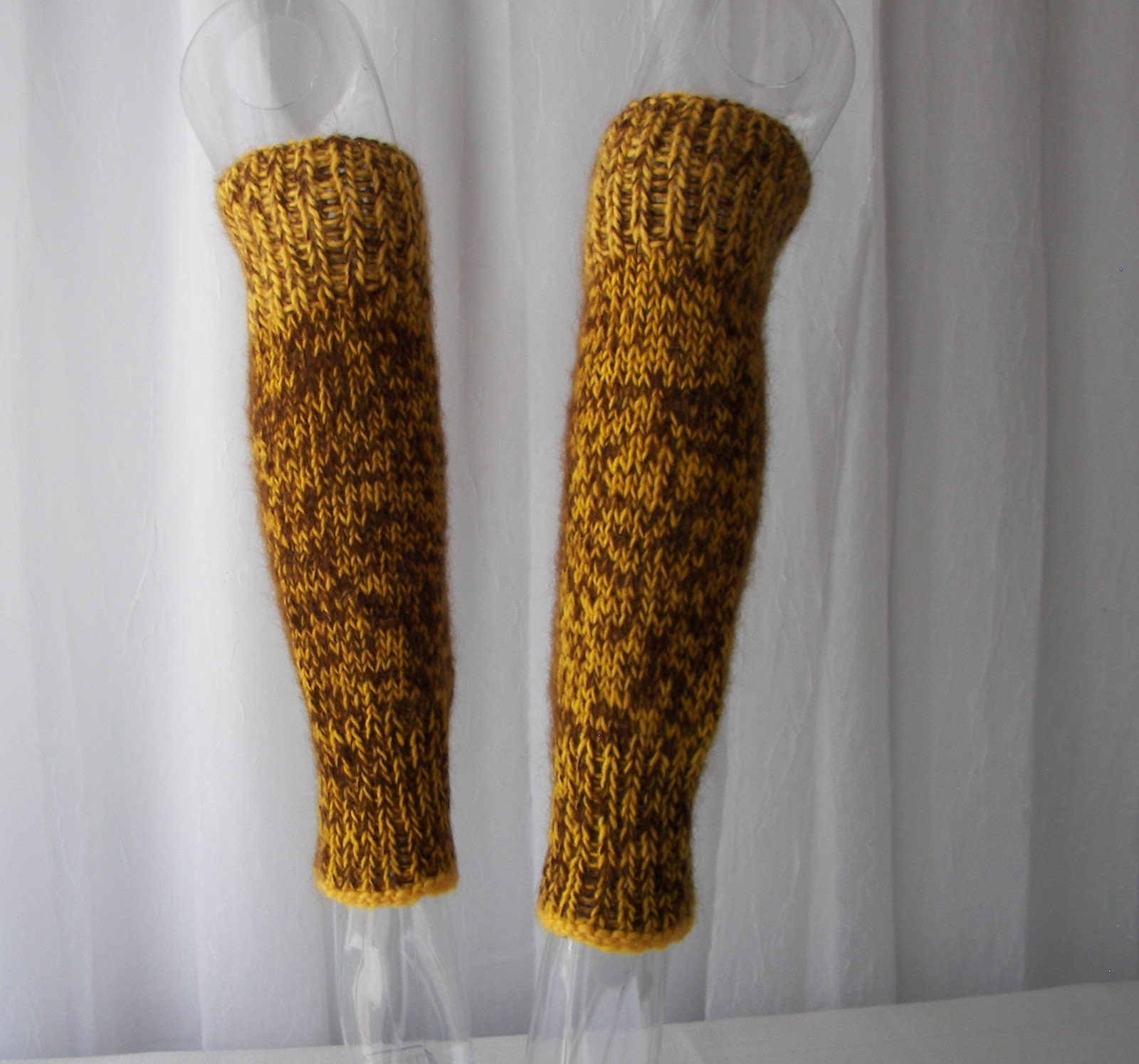 Hand Knit Wool Mohair Leg Warmers: Sunny Yellow & Brown