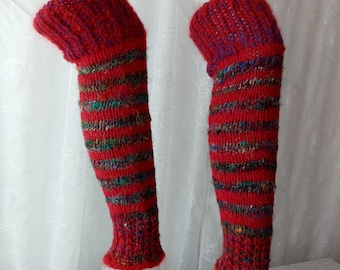 Hand Knit ART Striped Leg Warmers in 100% Natural Fiber: Handspun Sari Silk, Mohair, Merino / Dance Yoga / Wearable Fiber Art