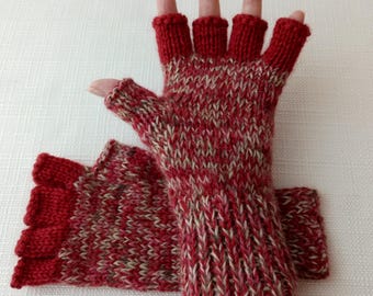 Hand Knit Color Block Half Finger Gloves ALPACA Merino Wool in Blue, Burgundy Red color / Extra Warm Double Knit / Wearable Fiber Art