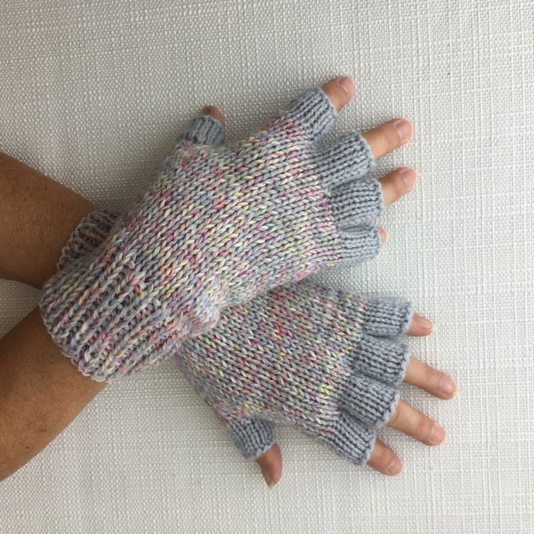 Hand Knit Color Block ART Half Finger GLOVES Merino WOOL Ice Blue Rose /Thoughtful Gift / Wearable Fiber Art