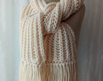 Hand Knit Color  Acrylic Wool Scarf with Fringes in White  / Warm Gift / Ready to ship