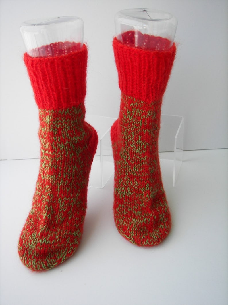 UNIQUE Hand Knit Mohair Alpaca Wool extra thick Socks in RED GREEN / Adult Knit Socks / meaningful gift image 1