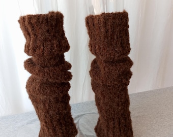 Brown Fuzzy Hand Knit Chunky Seamless Leg Warmers in Alpaca Wool / Reiki charged Knits