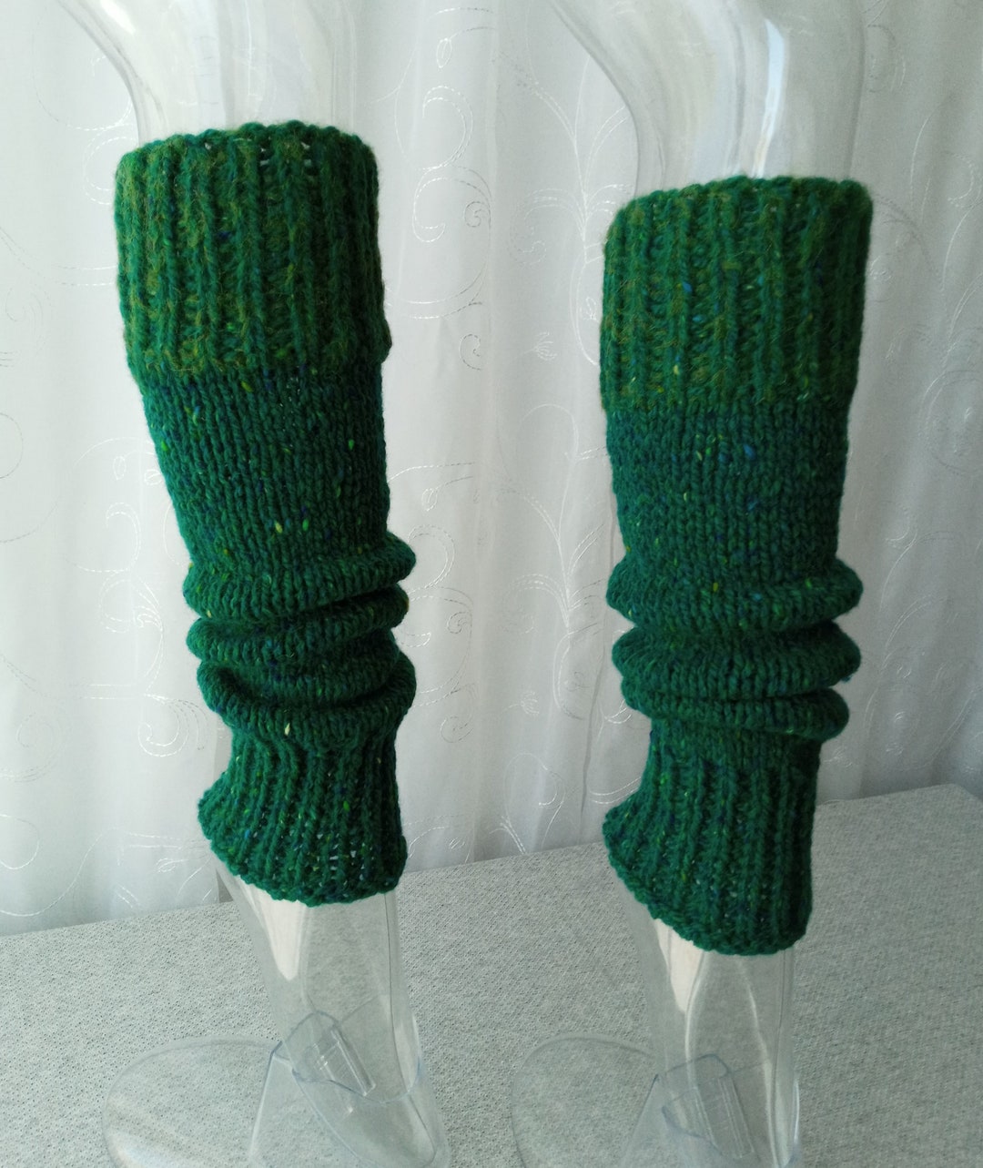 Hand Knit Leg Warmers Donegal Tweed 100 Irish Wool in Emerald Green