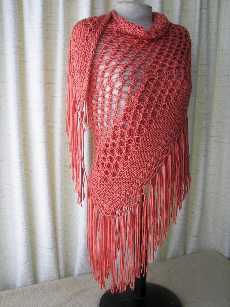 CORAL Hand Knit SHAWL Wrap Triangle Scarf SOFT Acrylic With - Etsy