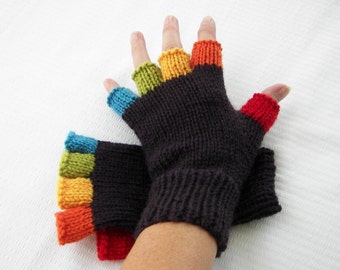 Rainbow Hand Knit Half Finger GLOVES in Peruvian SOFT WOOL / Colorful Fun Gift idea