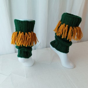 HAND knit Ankle Warmers with fringes, from Virgin Wool, Green and Yellow fringes color/ Knit Boot Toppers Cuffs / Ready to Ship image 1