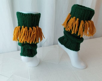 HAND knit Ankle Warmers with fringes, from Virgin Wool, Green and Yellow fringes color/ Knit Boot Toppers Cuffs / Ready to Ship
