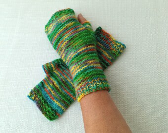 Hand Knit Wool Fingerless Gloves: Green Variegated Kettle Dye