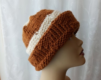 Hand Knit Beanie Hat in Natural Undyed White or Brown with white 100% Alpine Wool yarn / Knit Slouch hat / fold up knit hat / Wool Knit hat
