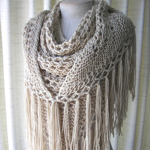 BONE Hand Knit Shawl Triangle Scarf Fringes in SOFT Acrylic /  Bridal Shawl / Taupe Brown shawl