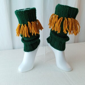 HAND knit Ankle Warmers with fringes, from Virgin Wool, Green and Yellow fringes color/ Knit Boot Toppers Cuffs / Ready to Ship image 4