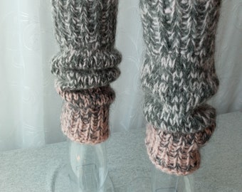 Hand Knit Extra Thick Leg warmers in Icelandic Lopi WOOL & Mohair in Gray Soft Pink/ Chunky Leg warmers