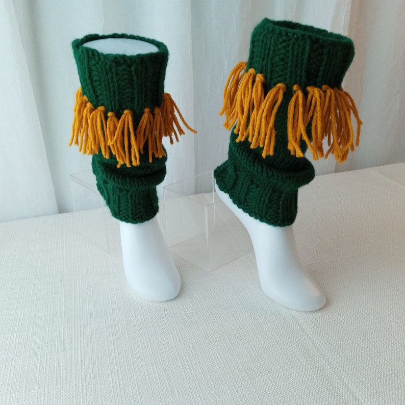HAND knit Ankle Warmers with fringes, from Virgin Wool, Green and Yellow fringes color/ Knit Boot Toppers Cuffs / Ready to Ship image 5