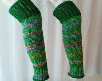 Unique Hand Knit Leg Warmers Silk Mohair Alpaca NORO yarn in shades of Green: Chunky double-knit seamless / Reiki Energy knitting