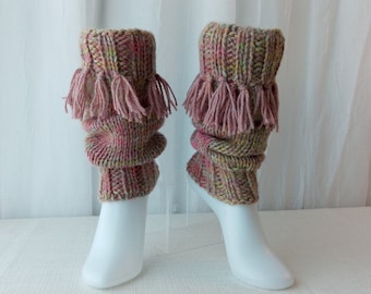 HAND knit Leg Warmers with fringes, from Virgin Wool, Multicolor and Natural Mix Color fringes  Knit Boot Toppers Cuffs / Ready to Ship