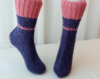 PURPLE ROSE Hand Knit Rustic Thick 100% Virgin WOOL Art Socks / Healthy Wool Knits / Wearable Fiber Art / Reiki knits