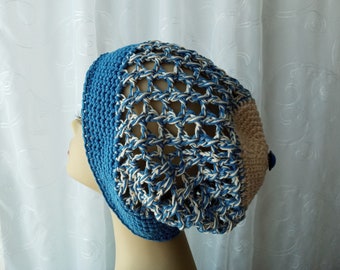 Unique Colour Block Hand Crochet Designer Summer Hat in 100% Mercerized Cotton: Blue & Cream/ Ready to ship.