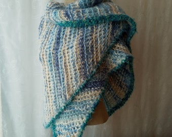 Hand Knit Soft & Cozy Huggle Shawl Wrap in Blue Taupe Stripe Angel Hair yarn /Ready to Ship