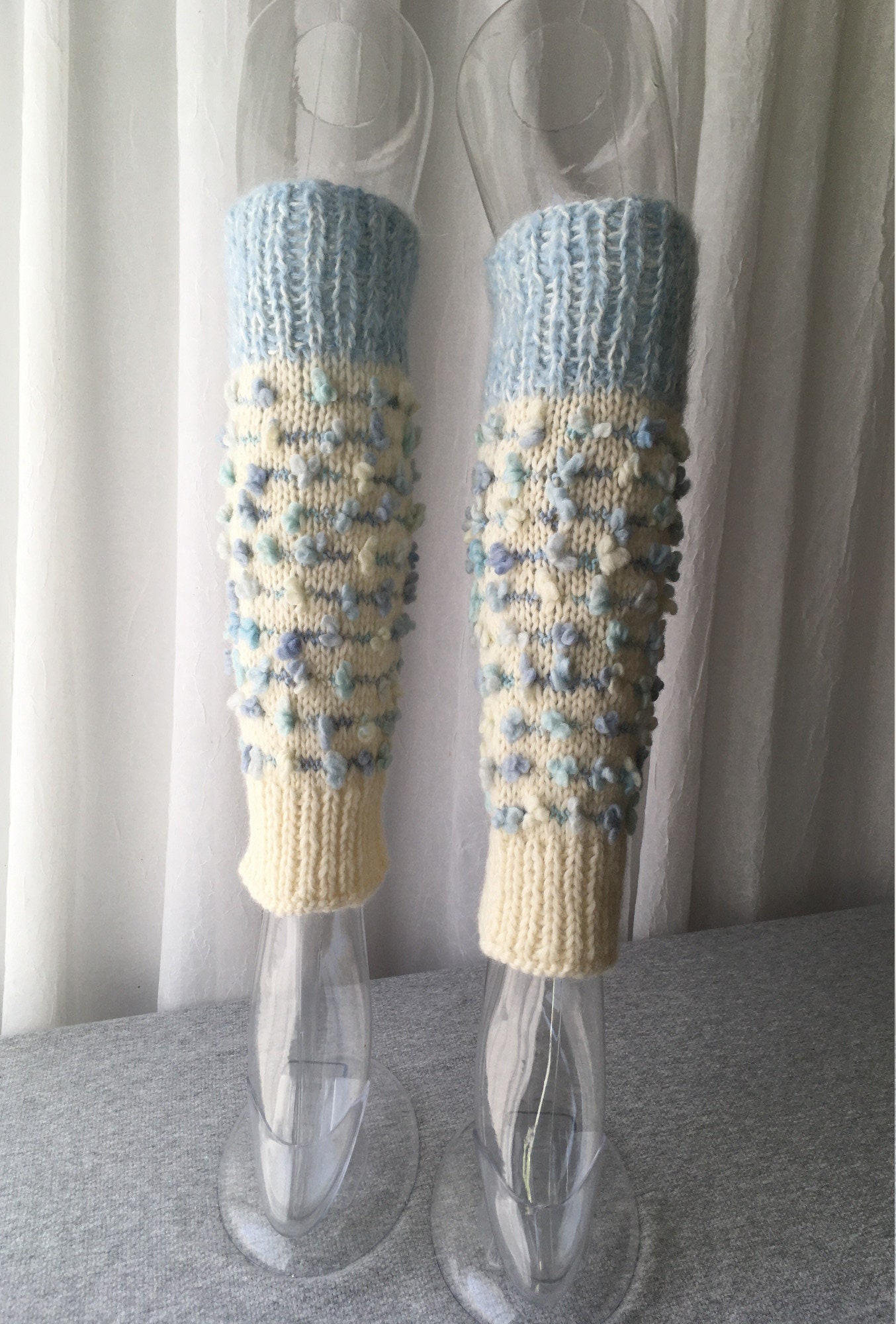 Hand Knit ART Textured Super Thick Soft Leg Warmers 100% Virgin Wool Mohair in White & Blue  Wearable Fiber Art  Dance  Yoga GLACIER
