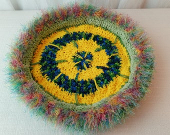 Handmade Crochet Unique Thick Reversible Pet Bed in Green Gold with Healing Balancing Energies of Reiki / Cat & Dog Carrier Bed