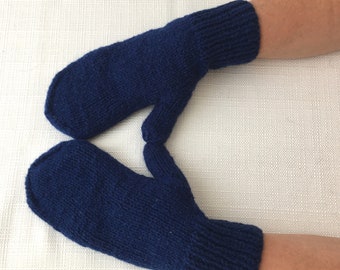 Hand Knit Rustic 100% Virgin WOOL Seamless Mittens in Blue Navy / Adult Knit Mittens / Warm Gift