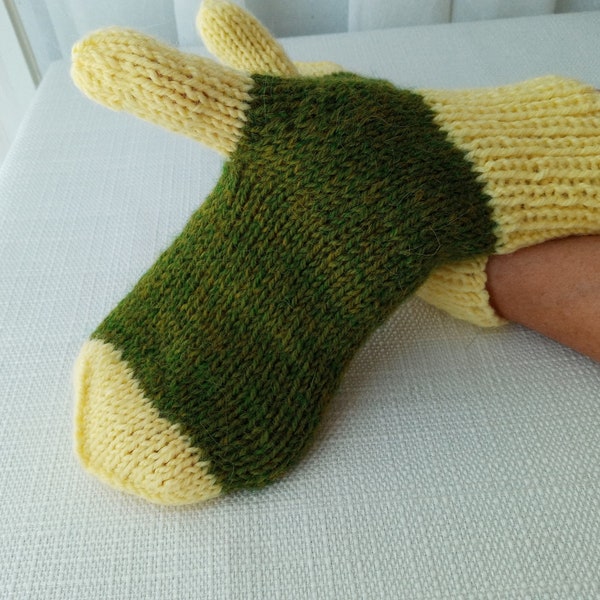 Hand Knit Color Block ART Mittens in ALPACA WOOL Lemon & Moss Green  / Thoughtful Gift / Wearable Fiber Art / Ready to ship