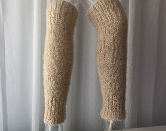 Hand Knit Extra Thick Leg warmers WOOL MOHAIR in Buff Beige color/ Wearable Fiber Art / Dance / Yoga / Seamless Leg warmers