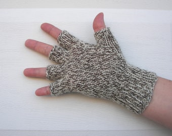 Hand Knit 100% VIRGIN WOOL Half Finger GLOVES Unisex in Oak Tweed