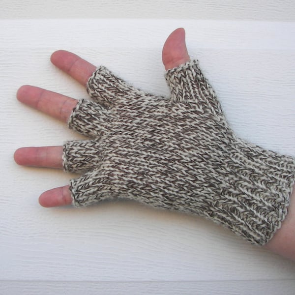 Hand Knit 100% VIRGIN WOOL Half Finger GLOVES Unisex in Oak Tweed