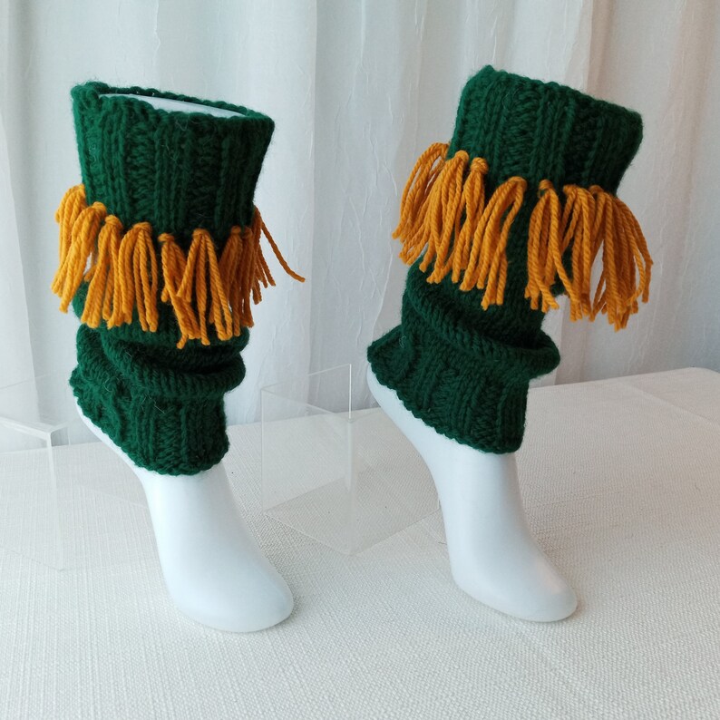 HAND knit Ankle Warmers with fringes, from Virgin Wool, Green and Yellow fringes color/ Knit Boot Toppers Cuffs / Ready to Ship image 2