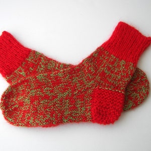 UNIQUE Hand Knit Mohair Alpaca Wool extra thick Socks in RED GREEN / Adult Knit Socks / meaningful gift image 4