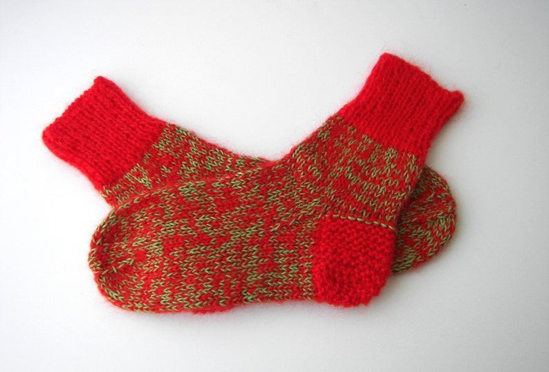 UNIQUE Hand Knit Mohair Alpaca Wool extra thick Socks in RED GREEN / Adult Knit Socks / meaningful gift image 4