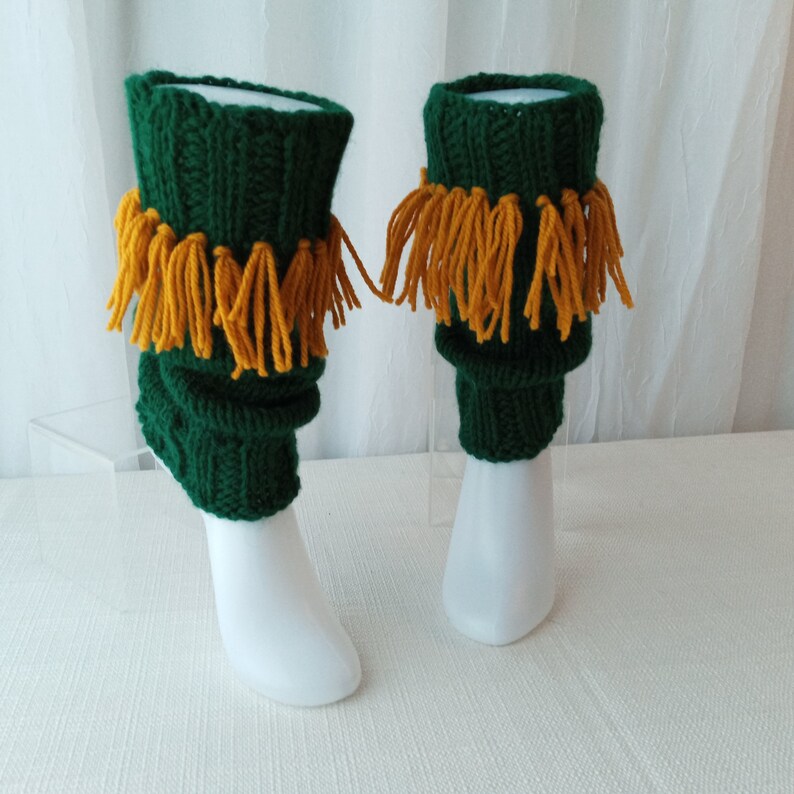 HAND knit Ankle Warmers with fringes, from Virgin Wool, Green and Yellow fringes color/ Knit Boot Toppers Cuffs / Ready to Ship image 7