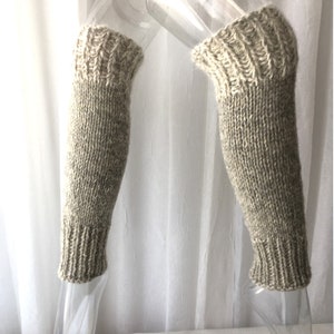 Hand Knit Chunky Leg Warmers 100% Undyed Handspun Wool Angora in Grey Cream  / Dance / Yoga / US small Farm yarn knit