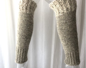 Hand Knit Chunky Leg Warmers 100% Undyed Handspun Wool Angora in Grey Cream  / Dance / Yoga / US small Farm yarn knit