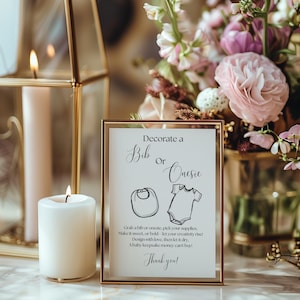 Dekorieren Sie eine Lätzchen- oder Strampelanzug-Schildvorlage, Babyparty-Aktivität, minimalistische bearbeitbare Vorlage, 5 "x 7" Decorating Station Schild