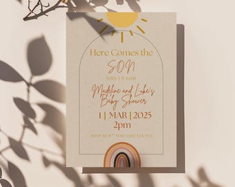 Here comes the son, Sunshine Baby Shower Invitation Template, Editable Boho Invite (Digital Download)