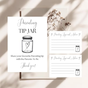 Plantilla de letrero y tarjeta con consejos y sugerencias para padres, actividad para baby shower, letrero minimalista para baby shower, plantilla editable e imprimible.