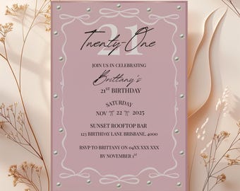 Pink 21st Birthday Invitation Template: Bows & Pearls (Digital Download)
