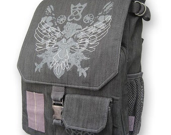 Sac à dos gris pour ordinateur portable, illustration d'oiseau, sacoche rembourrée pour ordinateur