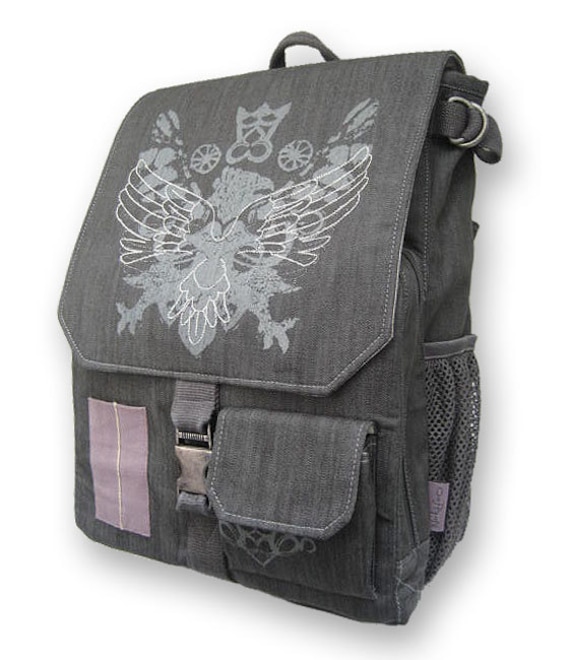 Gray Laptop Backpack, Bird Artwork, Padded Computer Bag
