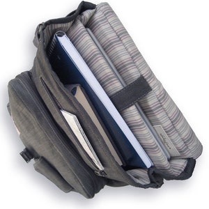 May include: A gray canvas backpack with a zippered pocket and a laptop compartment. The backpack is open and contains a blue notebook, a brown notebook, and a silver laptop.