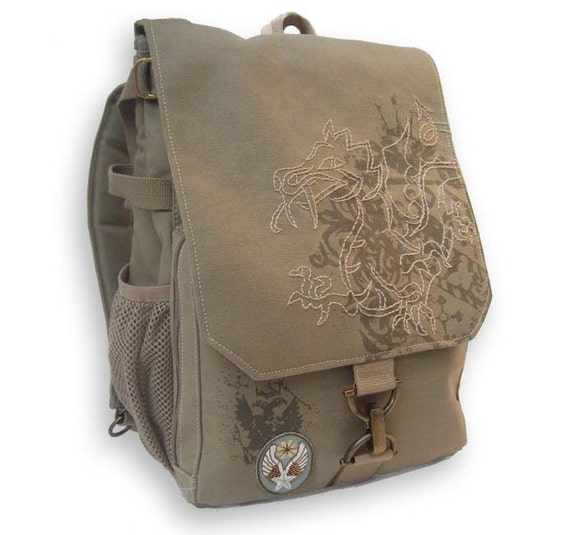 Canvas Dragon Backpack, Tan and Brown : Great for School or Work.  Computer Friendly. Unique Embroidery and Screen-Print. Laptop Bag.