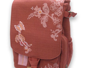 Sac à dos rouge à fleurs, oiseau brodé et perlé, sac pour ordinateur portable