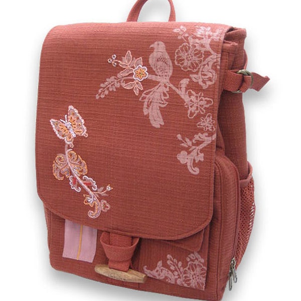 Backpack in Red Textured Fabric. Embroidered & Beaded with Birds, Flowers and Butterflies.  Laptop-Friendly.  Commuter or Student Bag.