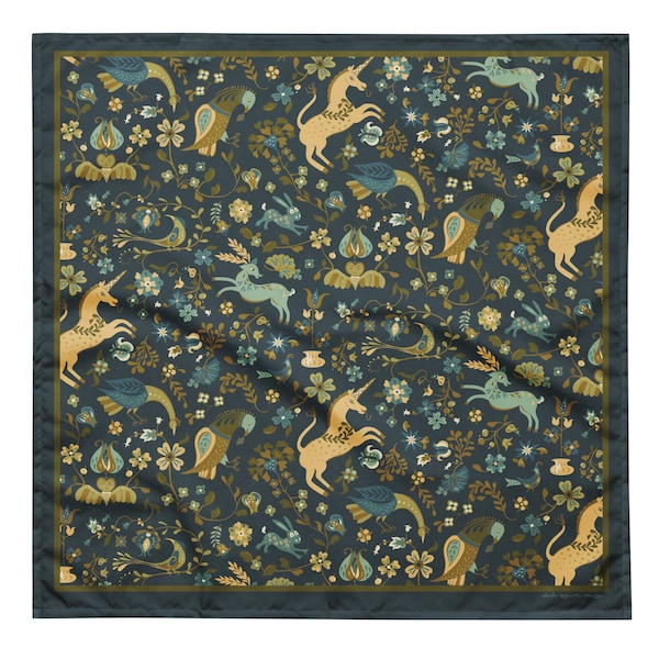 Printed Scarf with Beasts and Flowers in Dark Teal... Also, Unicorns