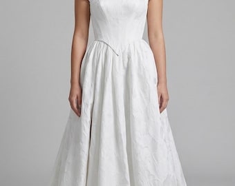 Vestido de novia moderno con corsé y abertura / Vestido de novia con cintura baja / Vestido jacquard floral con hombros descubiertos y falda catedral larga